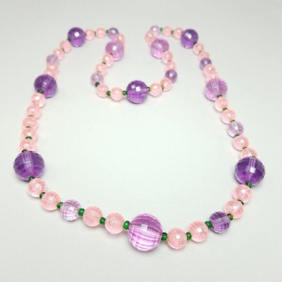 Vintage Purple and Pink Plastic Beaded Necklace, 28 Inches Long, Estate - Picture 2 of 7